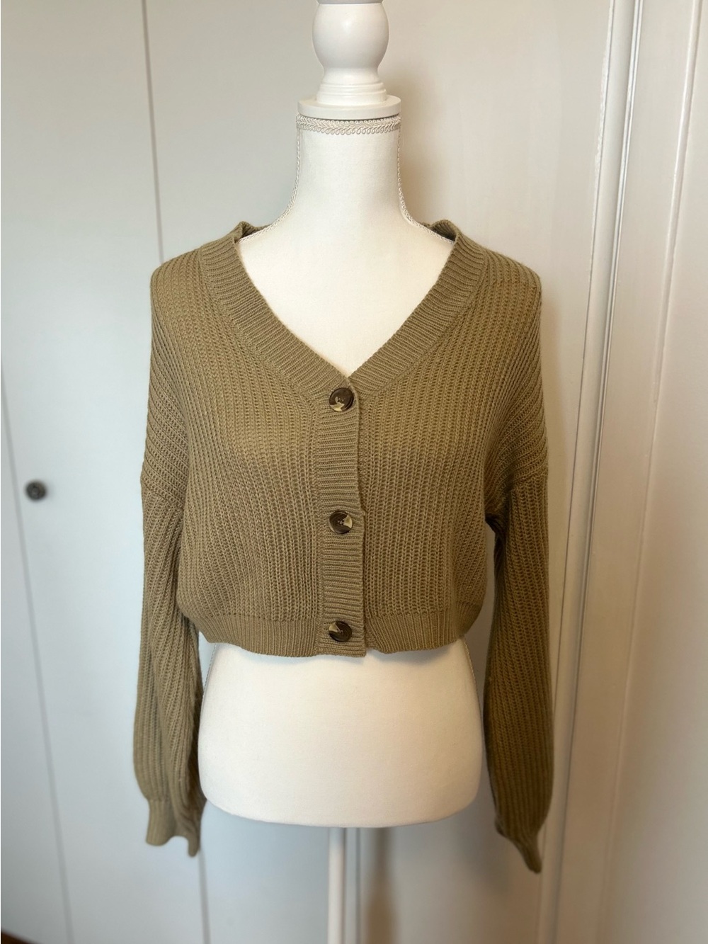 Cropped V-Neck Button Cardigan Sweater in Tan